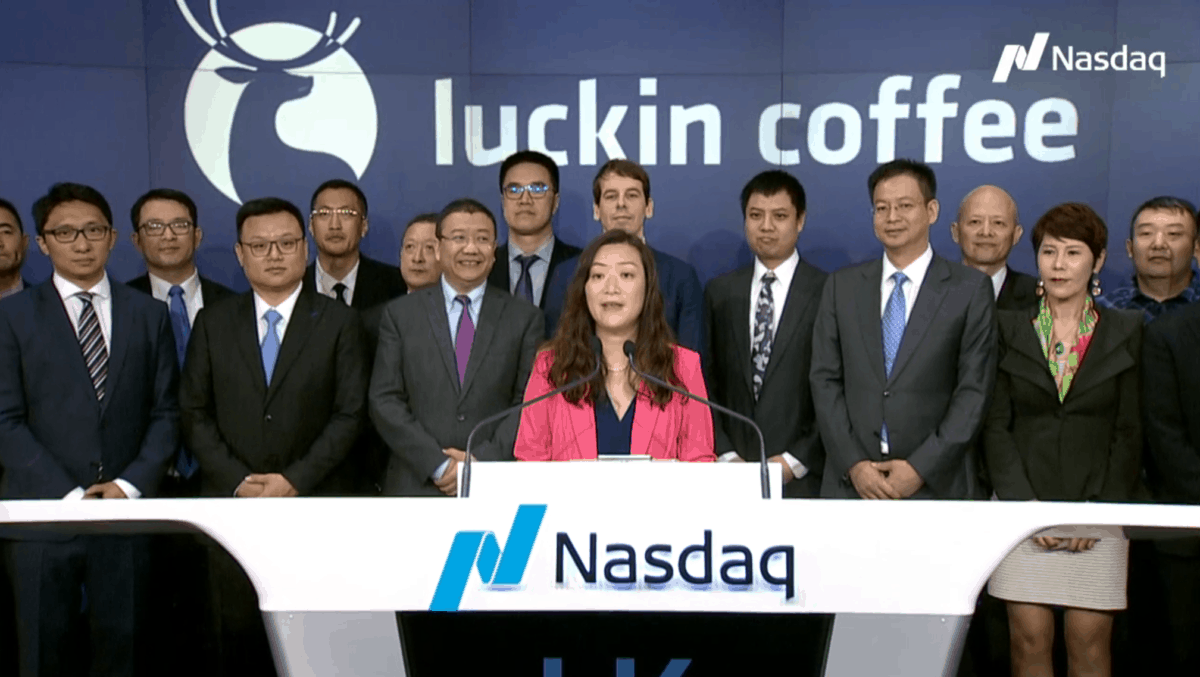 Luckin Coffee CEO Jenny Zhiya Qian speaks just before the Nasdaq opening bell on the day of Luckin's IPO. 