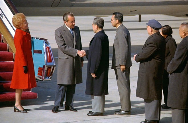 U.S. President Nixon shakes hands with Chinese Premier Zhou Enlai