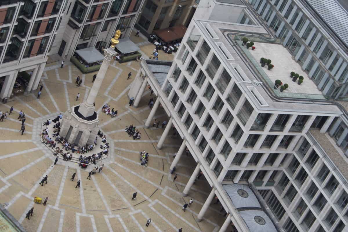 Paternoster Square as seen from St. Paul's Cathedral. The building on the right is the London Stock Exchange.