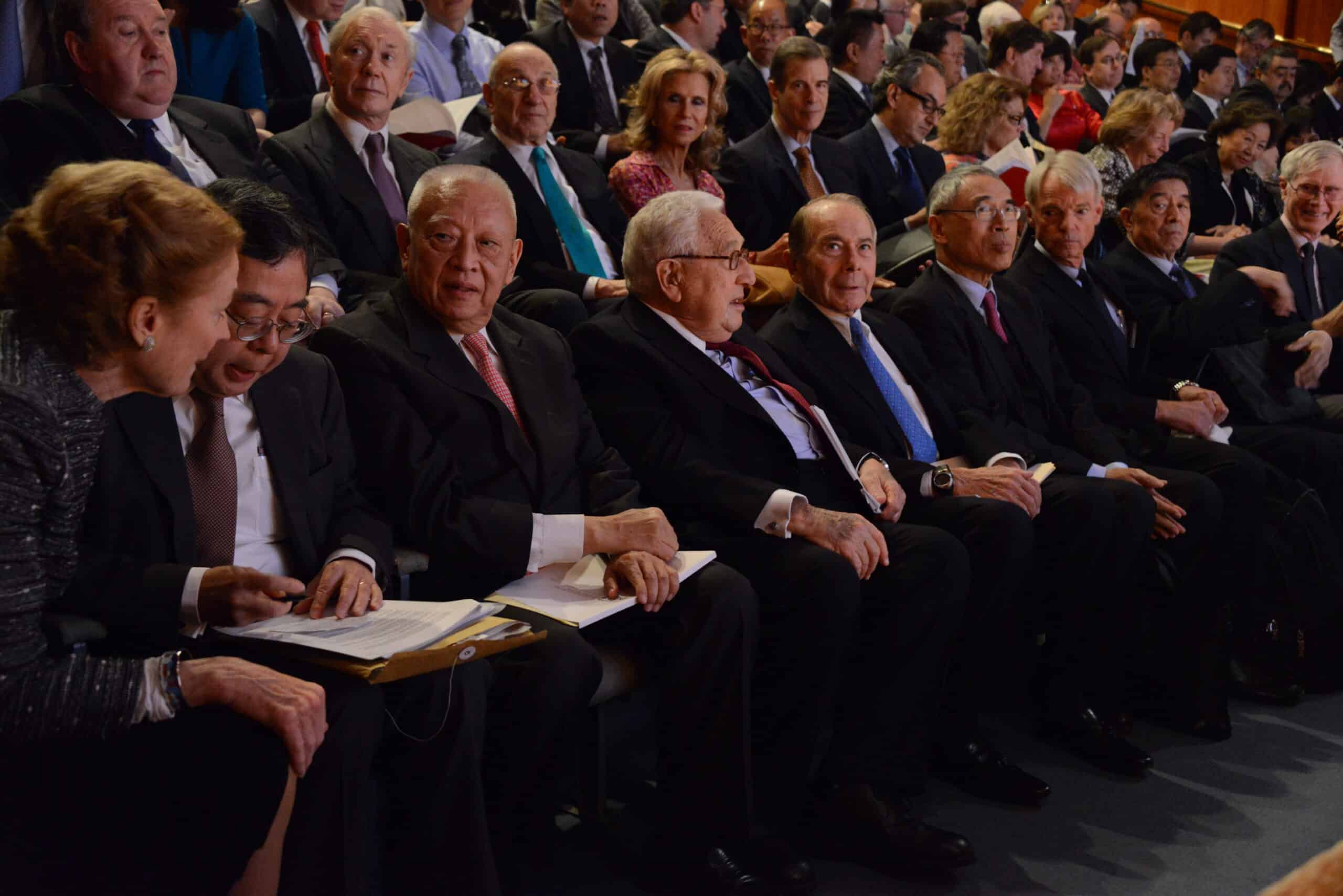 L to R: Henrietta H. Fore, Ronnie C. Chan, C.H. Tung, Henry Kissinger, and Hank Greenberg in the front row at Asia Society New York, May 21, 2013.